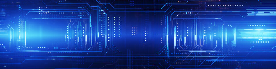 Futuristic Blue Circuit Board Background Illustrating High-Tech Digital Technology. Neon Banner.