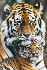 Fototapeta premium A tiger with her cub, mother love and care in wildlife scene