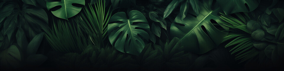 Lush Tropical Palm Leaves in a Dense Jungle Setting With a Dark Background. Green lianas interweavings, Monstera. Banner. Bali style template.