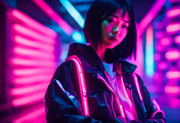 Futuristic portrait of asian teenager in neon light.