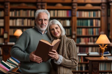 Portrait of a smart senior couple, man and women and his daughter holding books in a university library.