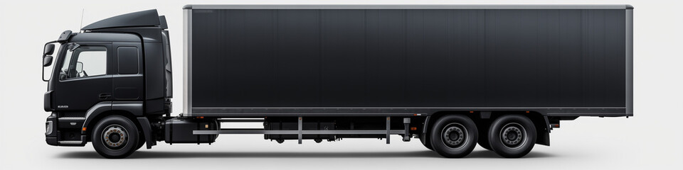 Modern black semi truck is displayed in a side view, showcasing its design and structure, isolated on a white background. Concept of logistics, cargo transportation. Copy space.