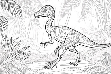 Oviraptor Dinosaur Black White Linear Doodles Line Art Coloring Page, Kids Coloring Book