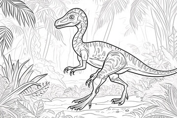 Fototapeta premium Oviraptor Dinosaur Black White Linear Doodles Line Art Coloring Page, Kids Coloring Book