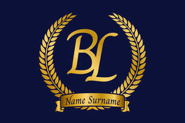 Initial letter B and L, BL monogram logo design with laurel wreath. Luxury golden calligraphy font.