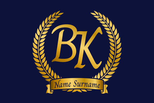 Initial letter B and K, BK monogram logo design with laurel wreath. Luxury golden calligraphy font.