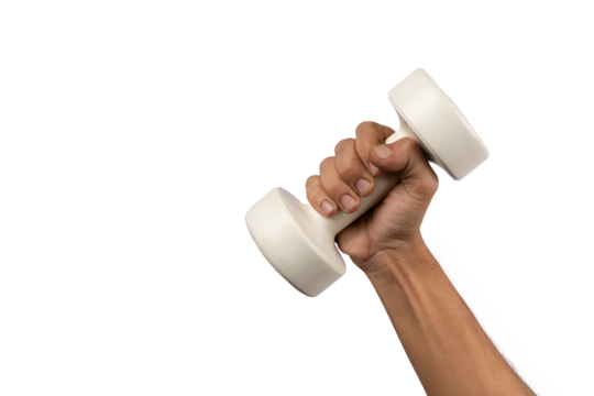 Black male hand holding a white dumbell isolated, no background.