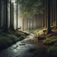 Forest with reindeer at the watering hole