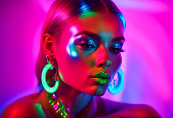 High Fashion model girl in colourful bright neon uv