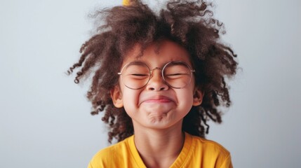 A young child with curly hair wearing glasses and a yellow shirt making a playful face with their eyes closed and mouth slightly open.