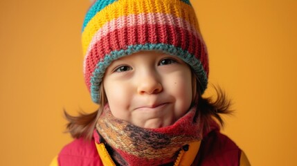 A young child with a colorful striped knit hat and a matching scarf standing against a warm yellow background looking directly at the camera with a slight smile.