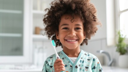 A young child with curly hair wearing pajamas with a playful pattern holding a toothbrush and smiling brightly in a clean well-lit bathroom. - Powered by Adobe