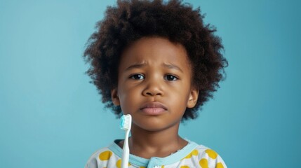A young child with curly hair wearing a blue and yellow polka dot shirt holding a toothbrush and looking directly at the camera with a thoughtful expression. - obrazy, fototapety, plakaty