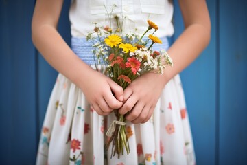 two girls holding hands, each with a posy of wildflowers