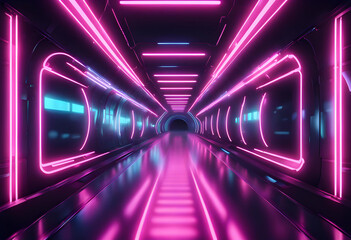 Moving futuristic tunnel with neon lights, takeoff