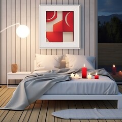 Interior of a modern bedroom with a double bed, candles and a poster