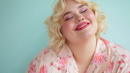 A horizontal shot captures the elegance of a plus-size woman wearing pastel-colored sleepwear against a pastel studio background