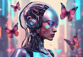 robot woman with butterflies and holograms