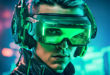 Close up portrait of cyberpunk warrior of the future