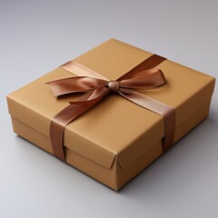 Brown gift box with brown ribbon on white background.