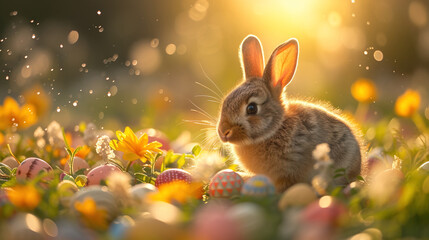 Fototapeta na wymiar Adorable Bunny With Easter Eggs In Flowery Meadow. Soft yellow sunlight. 