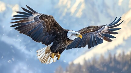 Fototapeta premium Bald eagle flying draw and paint on nature background. copy space for text.