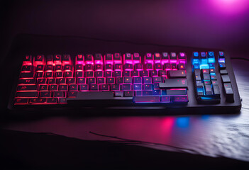 Backlit dusty keybord with colorful led rgb buttons, - obrazy, fototapety, plakaty