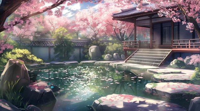 A tranquil Japanese garden adorned with cherry blossoms. Fantasy landscape anime or cartoon style, Seamless looping 4k time-lapse virtual video animation background