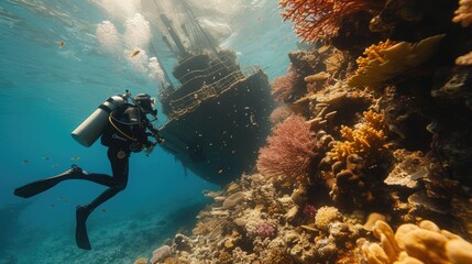 A scuba diver floats near a coral reef, a sunken ship in the background. The water is clear, and the colors of the reef are vibrant. - obrazy, fototapety, plakaty