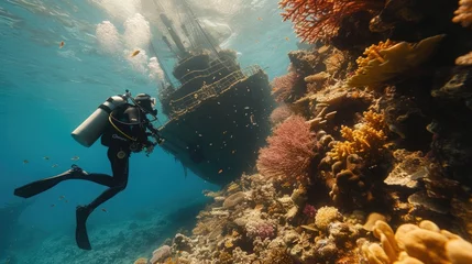 Papier Peint photo Lavable Naufrage A scuba diver floats near a coral reef, a sunken ship in the background. The water is clear, and the colors of the reef are vibrant.