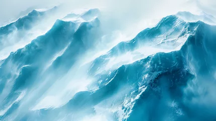 Zelfklevend Fotobehang Dynamic ocean waves crashing, creating a powerful and dramatic scene of natures force, set against a deep blue sea background © MdIqbal
