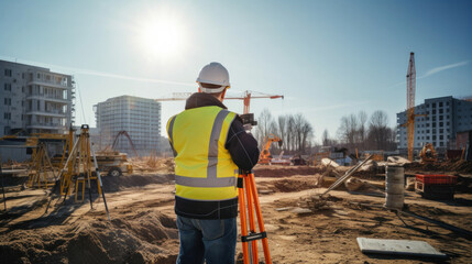 A surveyor builder engineer with theodolite transit equipment with crane on the background at construction site.