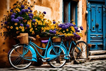Fototapeta na wymiar Blue bike with purple and yellow flowers on the streets of Rovinj