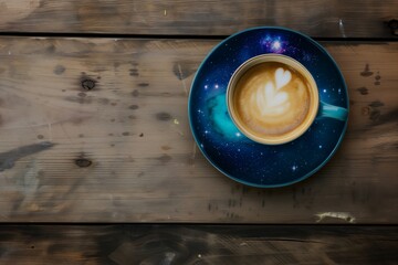 morning coffee with galaxy theme on wooden desk
