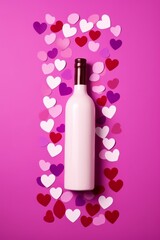Bottle of wine with hearts on a pink background. Flat lay.