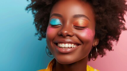 A closeup view showcasing the beauty and joy of an Afro woman wearing pastel-colored clothes, colorful makeup, and posing against a pastel background.