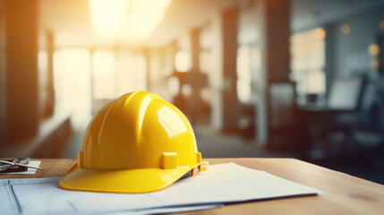 A yellow safety helmet on workplace desk, Start up plan new project contract in office center at construction site.