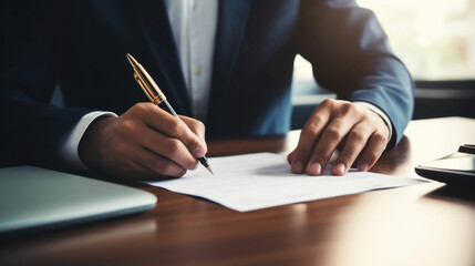 Close up hand of businessman in suit writing business papers at desk in modern coworking office.
