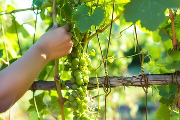 person attaching a trellis for a growing vine of peridot and olivine