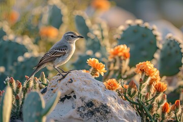 it's a beautiful day in Texas in the desert landscape with cactus. on some of the cacti there are small orange flowers. the sun is shining and there is lots of natural light. Northern mockingbird.

