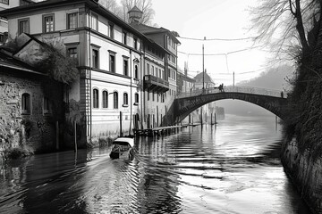 Naklejka premium bulding on the river, black and white portrait