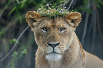 Obraz premium lioness with a crown of wildflowers looking at the camera