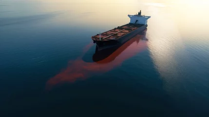 Muurstickers Ecological disaster, oil spill in ocean near tanker, top view. Commercial delivery. AI generated. © Serhii