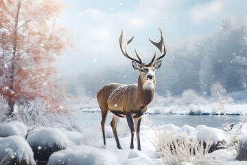  Noble deer male in winter snow forest.