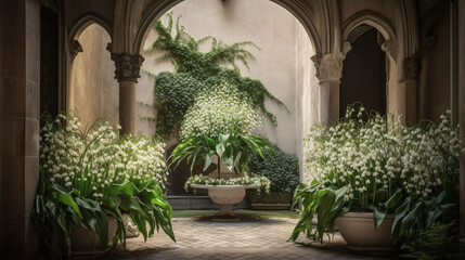 Fototapeta na wymiar Lily of the Valley in a historic courtyard with architectural elements