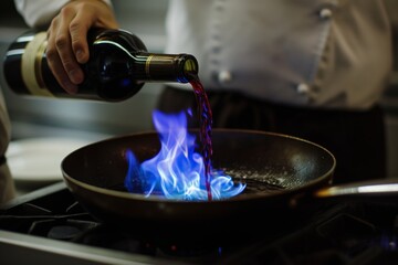 chef streaming wine into a pan, igniting a blue flame