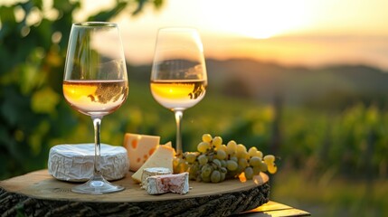 Two glasses of white wine and a wooden plate with cheese and nuts served outside at sunset