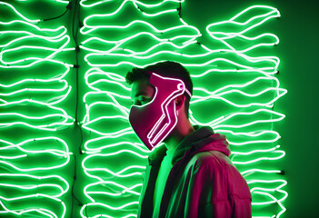 man with neon light mask in front of the green wall - obrazy, fototapety, plakaty