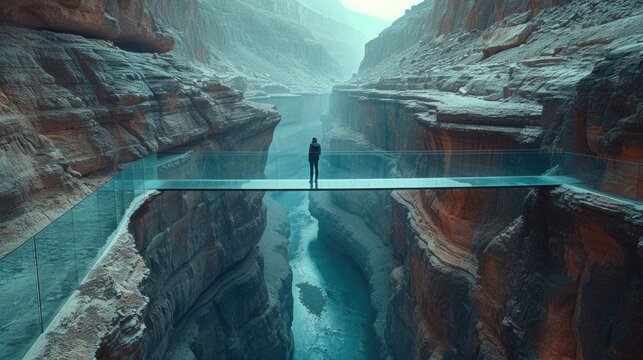A solo traveler stands on a glass bridge over a deep canyon, looking down. The bridge is high above the ground, offering a clear view of the geological layers below
