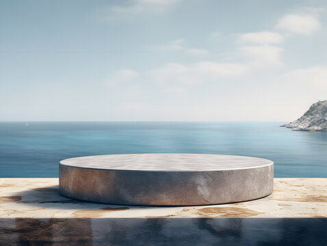  Round marbal podium on terace with a view of the sea